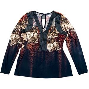 Venus Floral Snake Print Top Faux Leather Trim Black Brown Print VENUS Sz L
